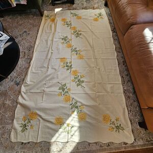 Vintage "Progress"  Cross Stiched Yellow Tailsmanrose 60 X 90 Oblong Tablecloth,